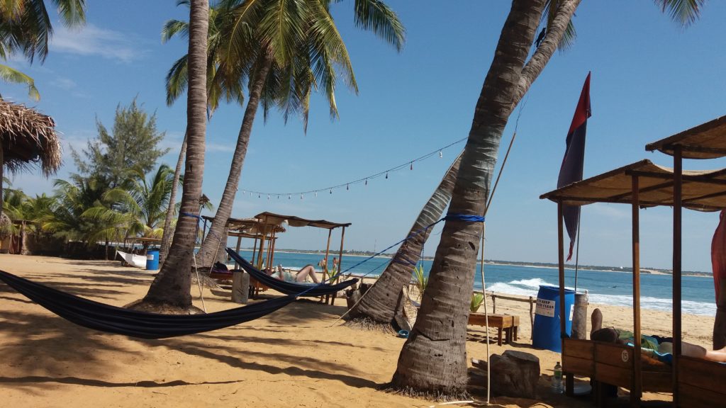 V Arugam bay nechybí plážové bary, houpací sítě, stín pod kokosovými palmami a samozřejmě surfy k pronájmu.