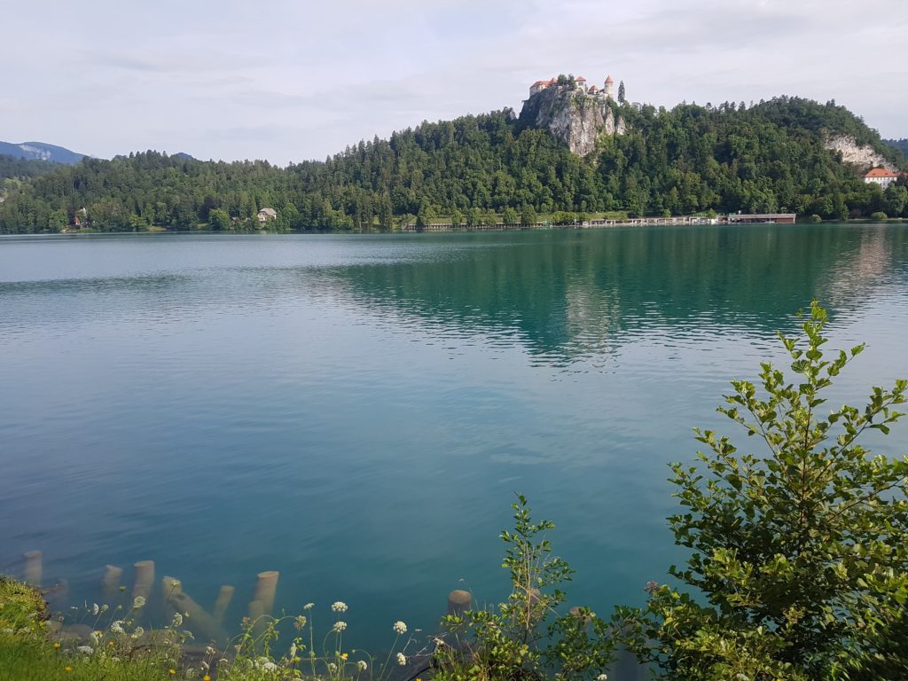 Pohled na Blejski hrad u jezera Bled.