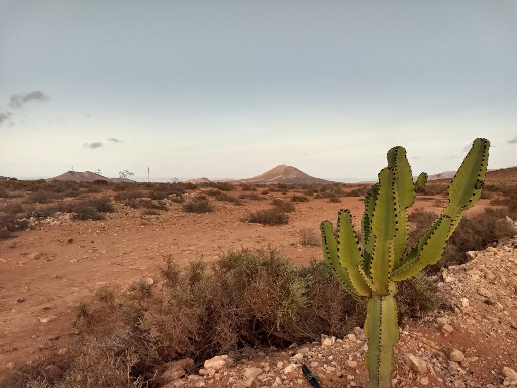 Extrémně suchá, větrná a prašná krajina, Fuerteventura.